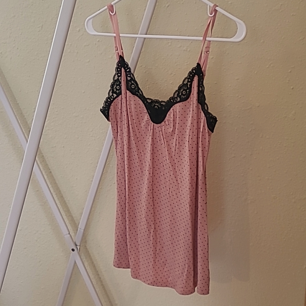 Express Pink and black polka-dot cami. Size M. Black lace trim on top.